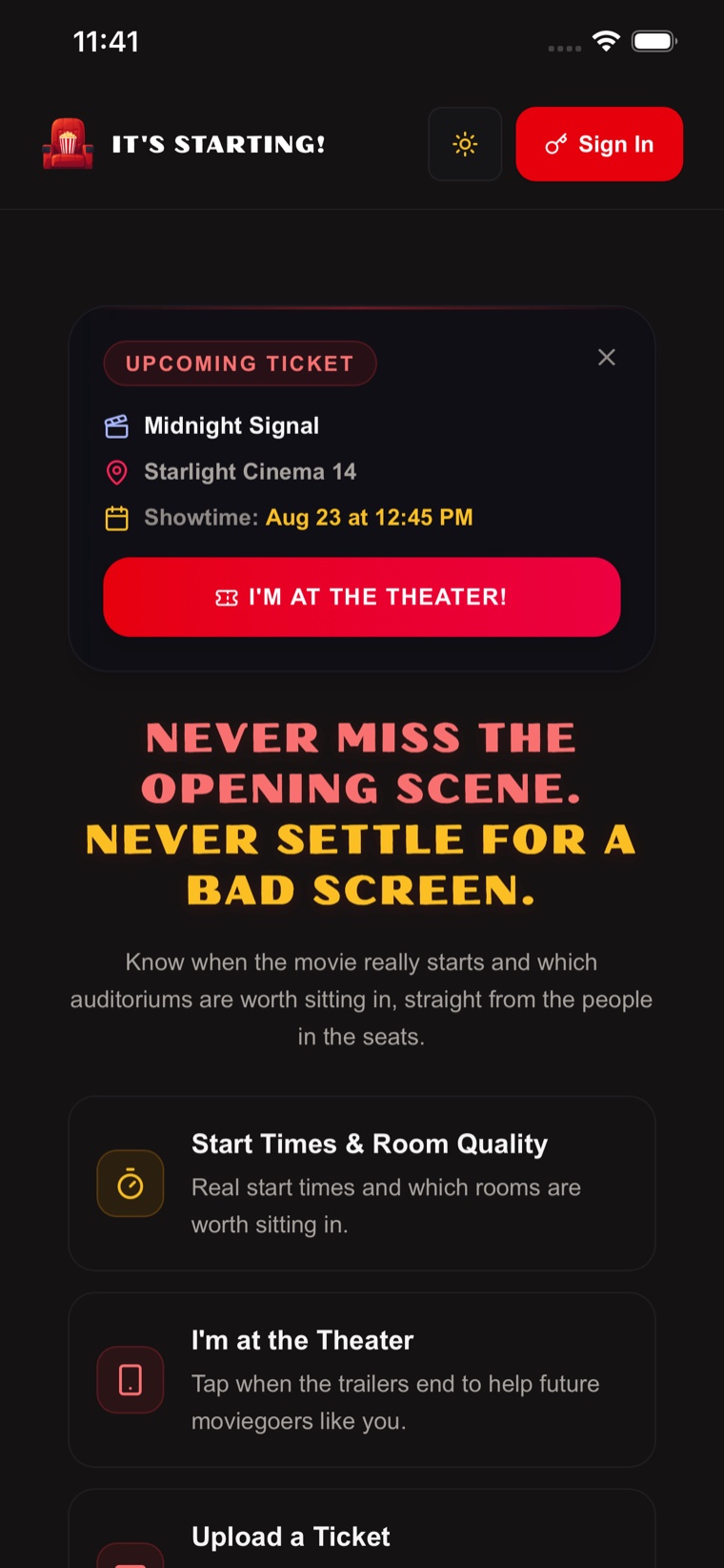 It's Starting! home screen with an upcoming movie ticket
