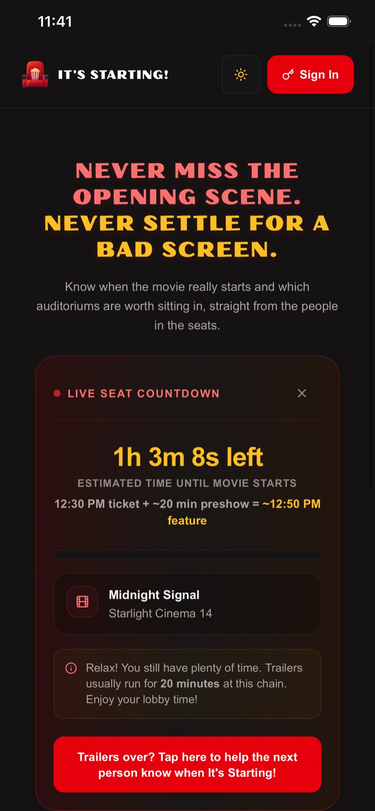 Live countdown to the moment the feature begins