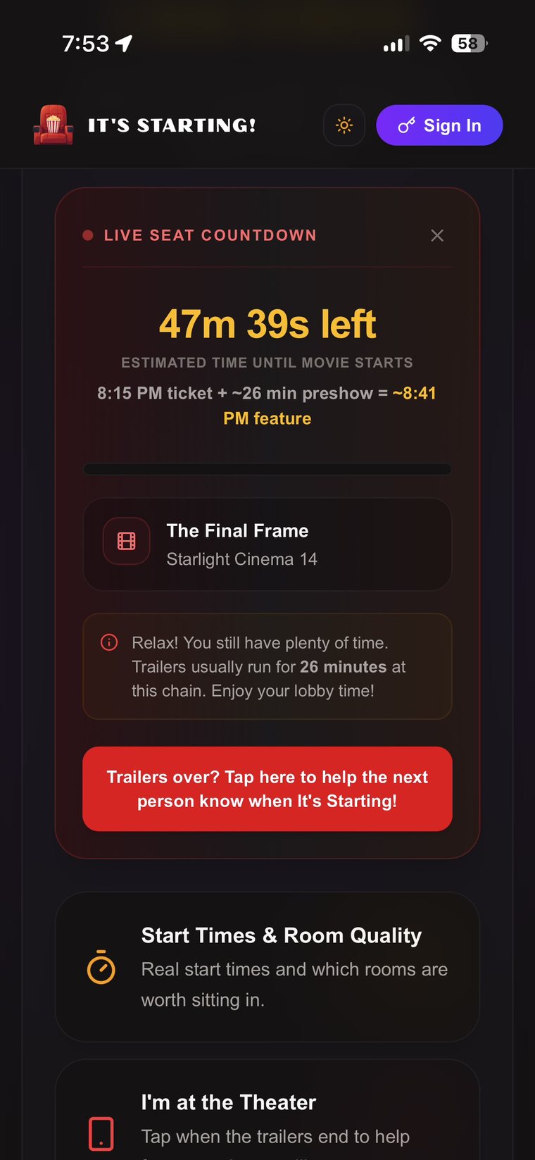 Live seat countdown showing time until the feature starts