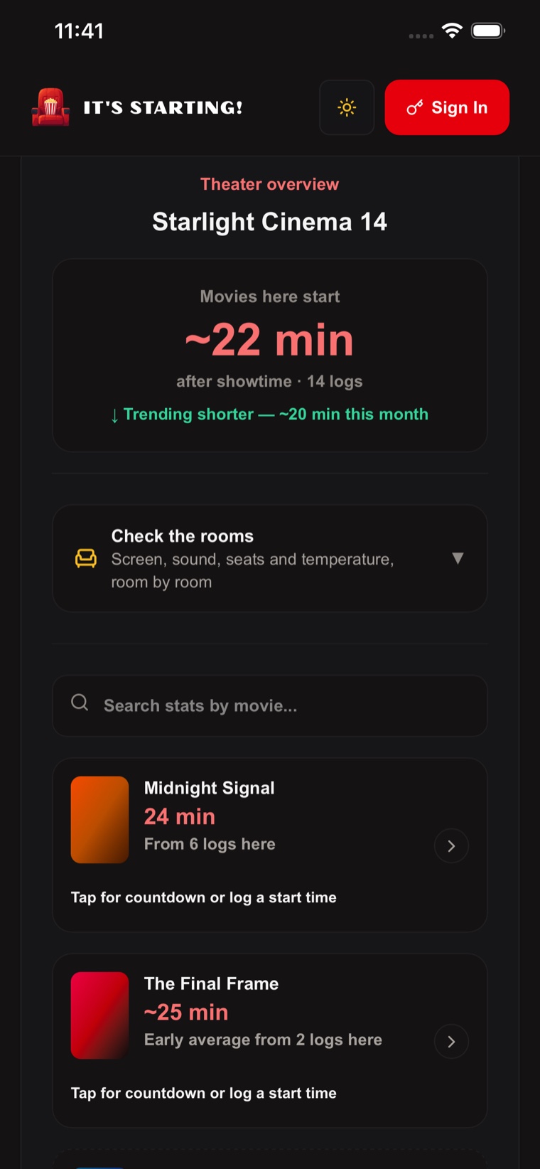 Starlight Cinema theater overview showing typical preshow length and movie-level statistics