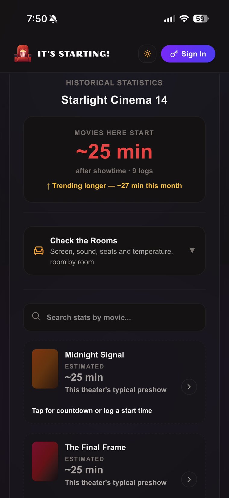 Theater statistics showing typical preshow length and movies playing