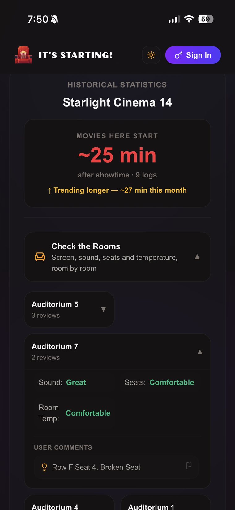 Check the Rooms: auditorium ratings for sound, seats and temperature