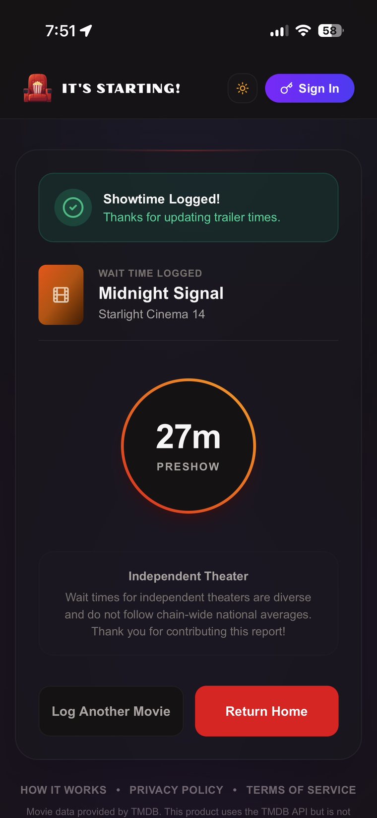 Showtime logged, showing a 27 minute preshow