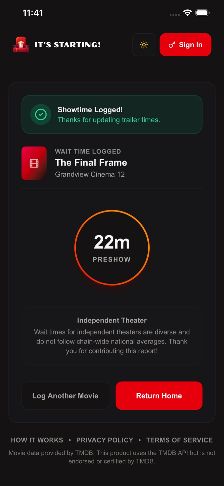 Confirmation showing a 22 minute preshow was logged