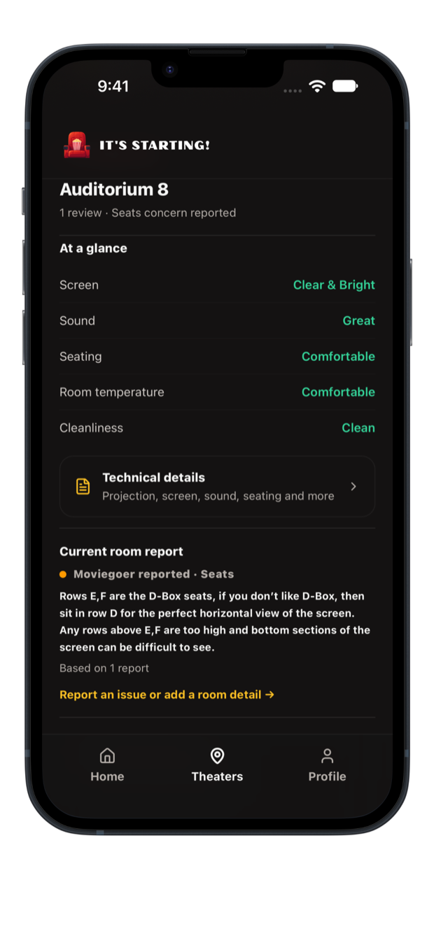 Auditorium report showing screen, sound, seating, room comfort and a moviegoer tip