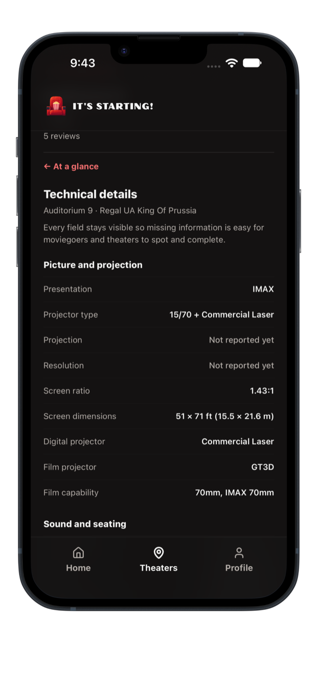 Auditorium technical details including projection and screen specifications